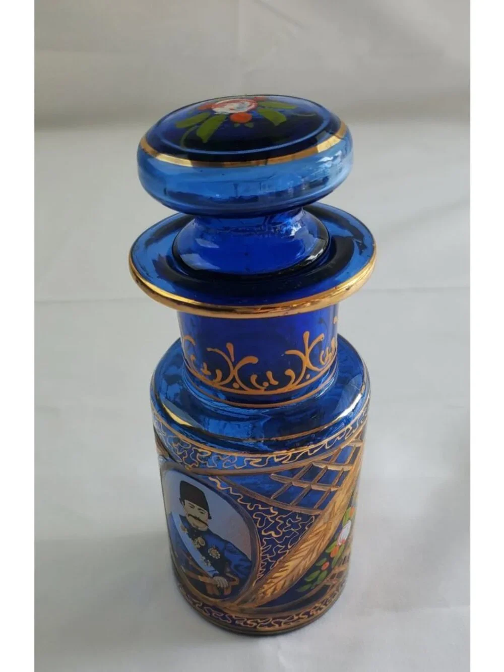 Vtg Cobalt Russian Blue Decanter w/ Etched Gold Flower w/ Stopper Tole Painted